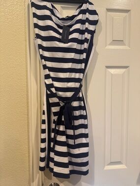 Tommy Hilfiger Navy and White Striped Midi Dress with Waist Tie